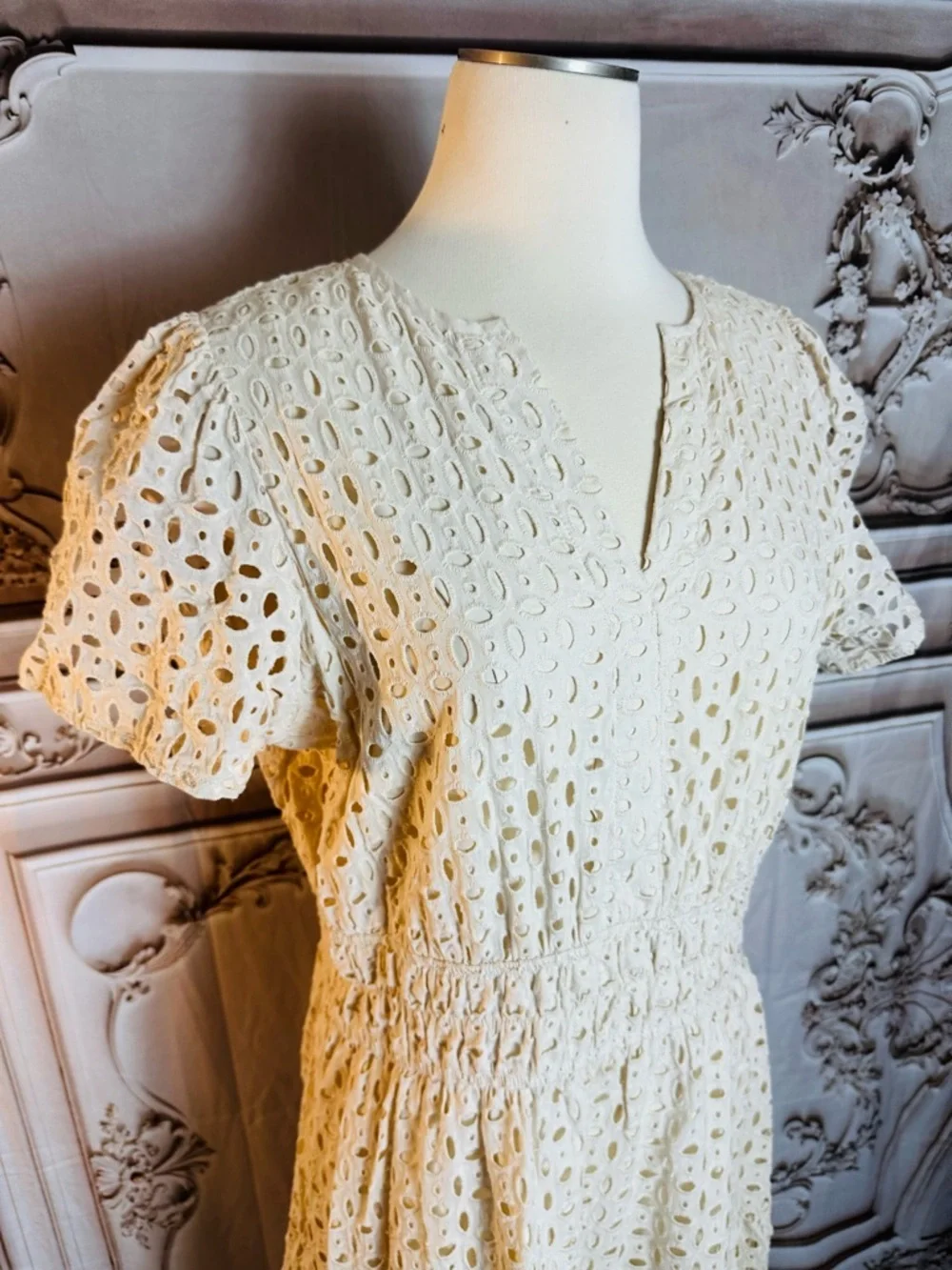 White Eyelet Maxi Dress with Royal Blue Bow Belt - Picture 4 of 13